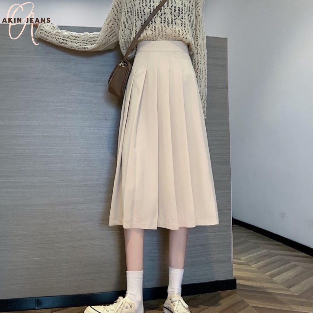 Chân Váy Xếp Ly, Akin Jeans, Váy Midi Xoè Dáng Dài Qua Gối Cạp Cao Phong Cách Ullzang Hàn Quốc, VXLD