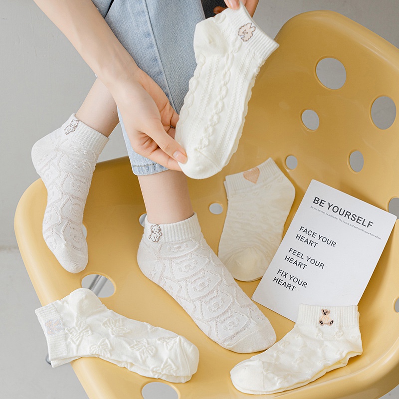Tất cotton FHYL cổ thấp họa tiết gấu hoạt hình ba chiều thời trang thu đông Nhật Bản cho bé