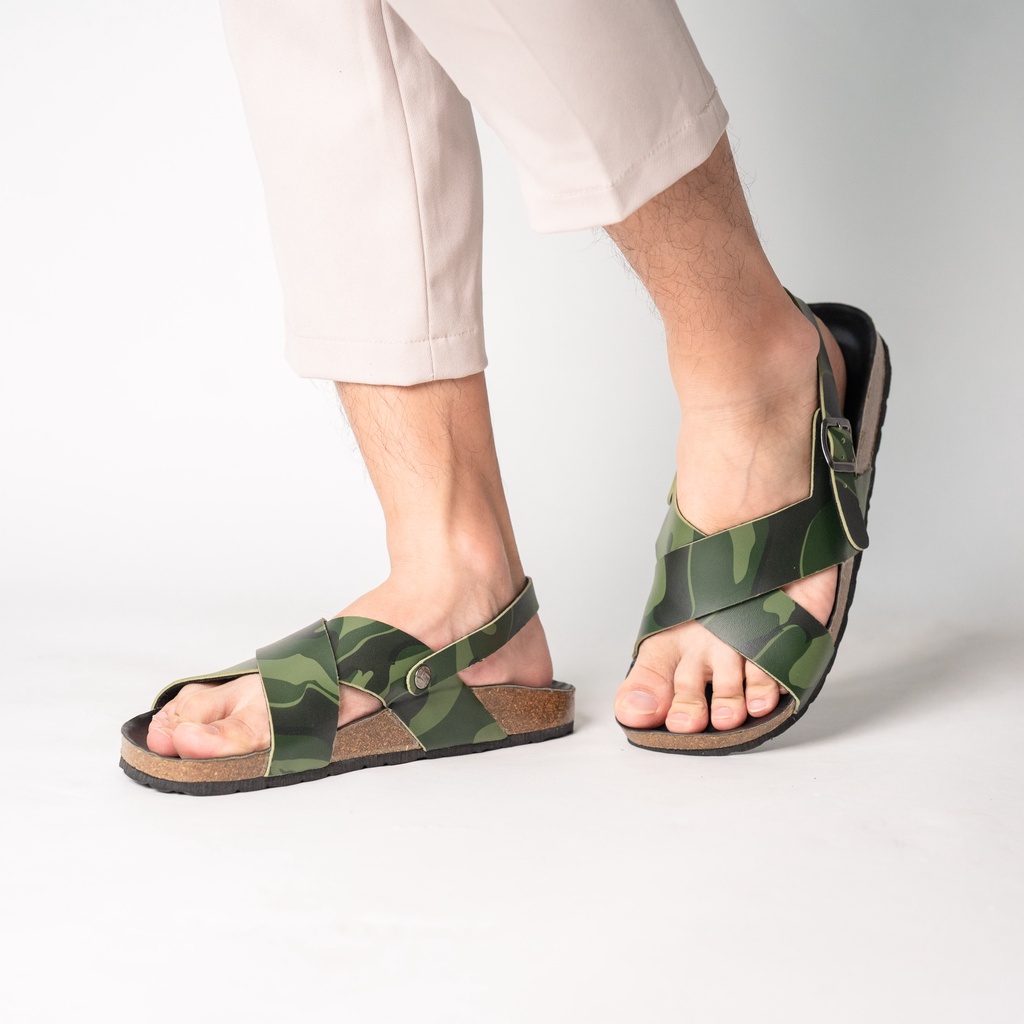 R11 - Sandal Birken Đế Trấu BIOLINE Camo Rằn Ri Thiết Kế Unisex Nam nữ Quai Đan Chéo chữ XDa PU cao cấp