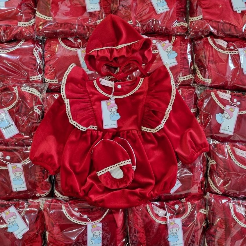 Bodysuit nhung đỏ tay cánh tiên cho bé gái sơ sinh mặc thôi nôi, đầy tháng Thu Đông - Riokids BD81