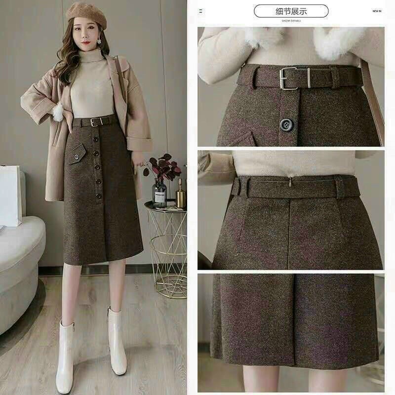 Chân váy dạ chữ A khuy nắp túi dài kèm đai xẻ trước công sở