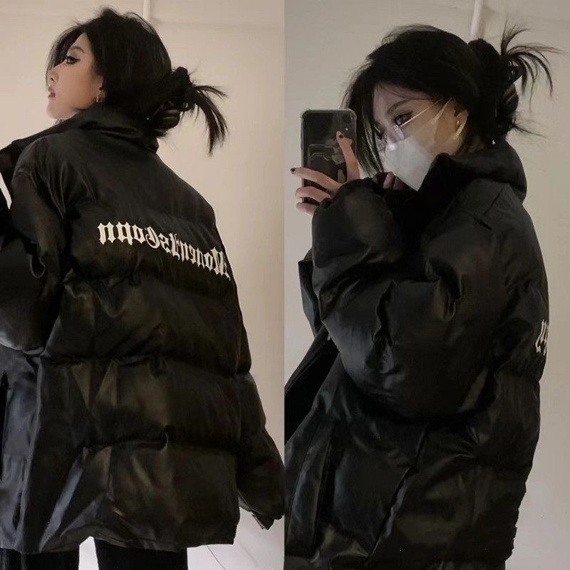 Áo khoác phao da ,Áo phao béo mùa đông dáng rộng chất da pu hoạ tiết chữ in thời trang nam nữ-Áo khoác phao nữ