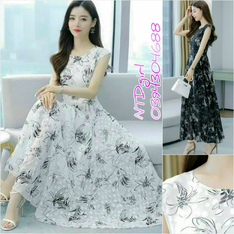 Hàng nhập - Đầm dáng xòe maxi voan lụa in hoa nổi, váy dự tiệc cổ tròn không tay