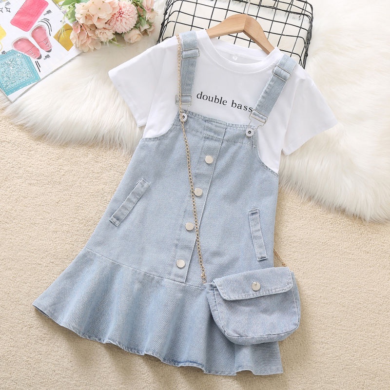 Set Áo Thun Ngắn Tay Kèm Váy Yếm Denim Mùa Hè Phong Cách Mới Cho Bé Gái