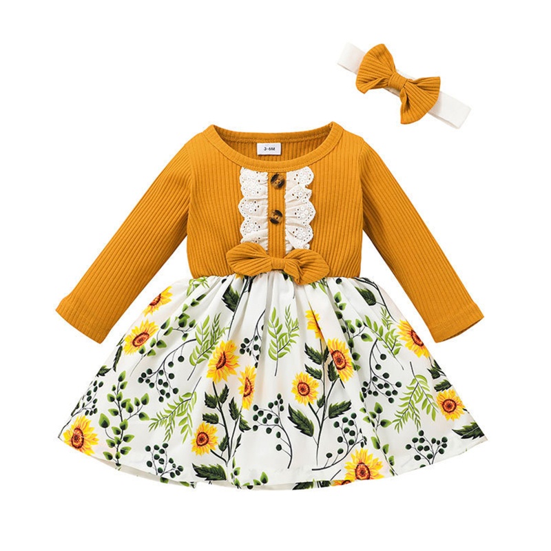 Bộ Đầm 2 Món Tay Dài Kèm Băng Đô In Hoa Thời Trang Mùa Thu Cho Bé Gái