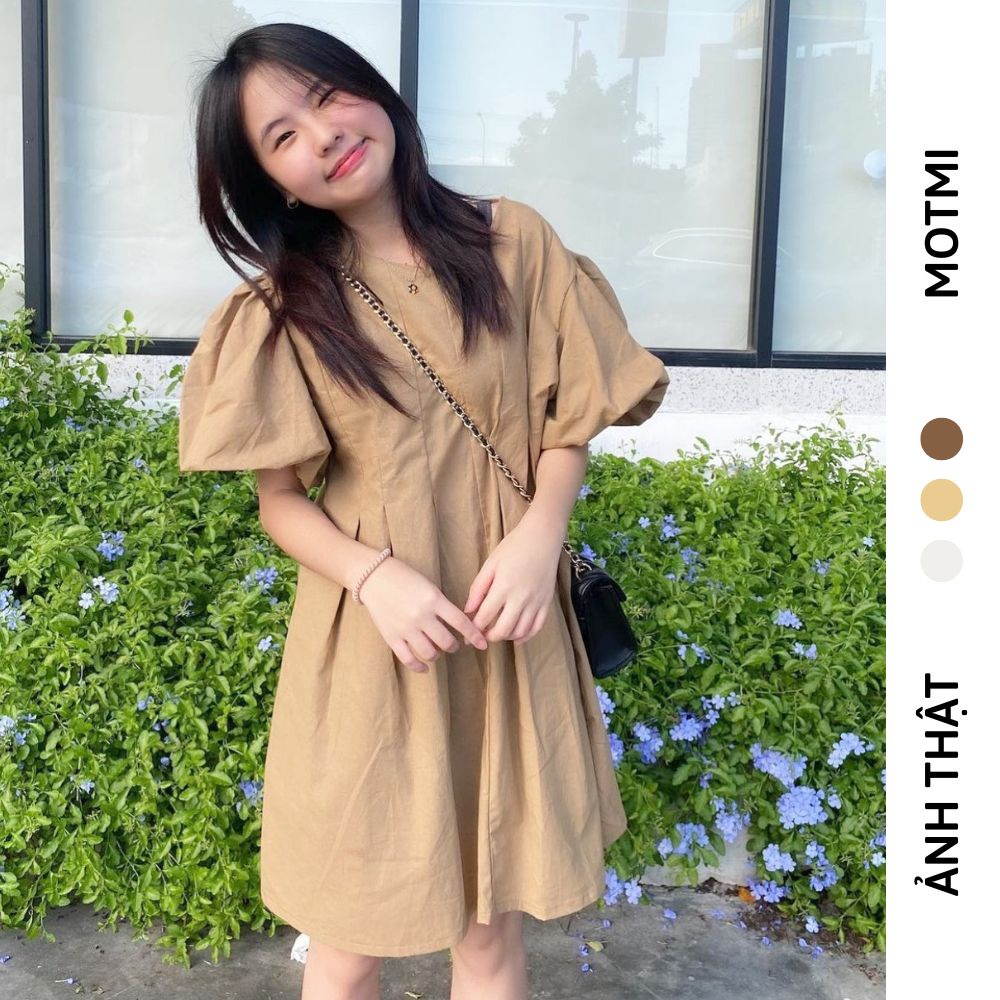 Váy chữ A dáng suông chất vải kaki dày dặn tay bồng 2 lớp
