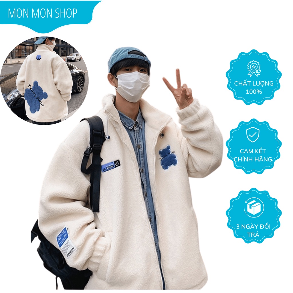 Áo Khoác Lông Unisex Logo Ngực Thêu Gấu Áo Lông Cừu Cổ Cao Dáng Rộng Nam Nữ G0253