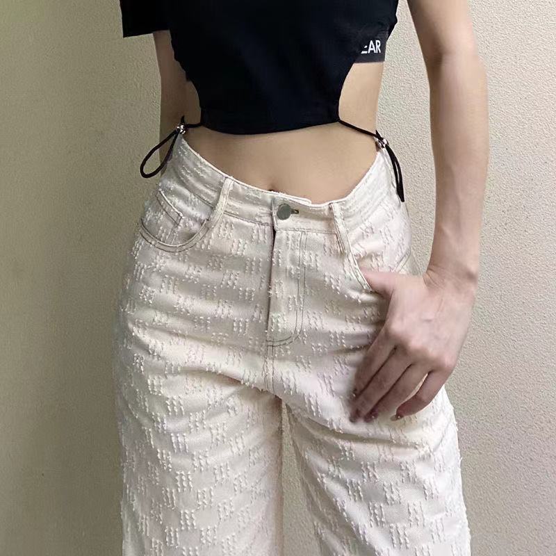 Hàng Mới Về Jiashucheng Hàng Mới Về Quần Denim Lưng Cao Dáng Rộng Ôm Sát Tôn Dáng Xây Dựng Sàn Nhà Cho Nữ