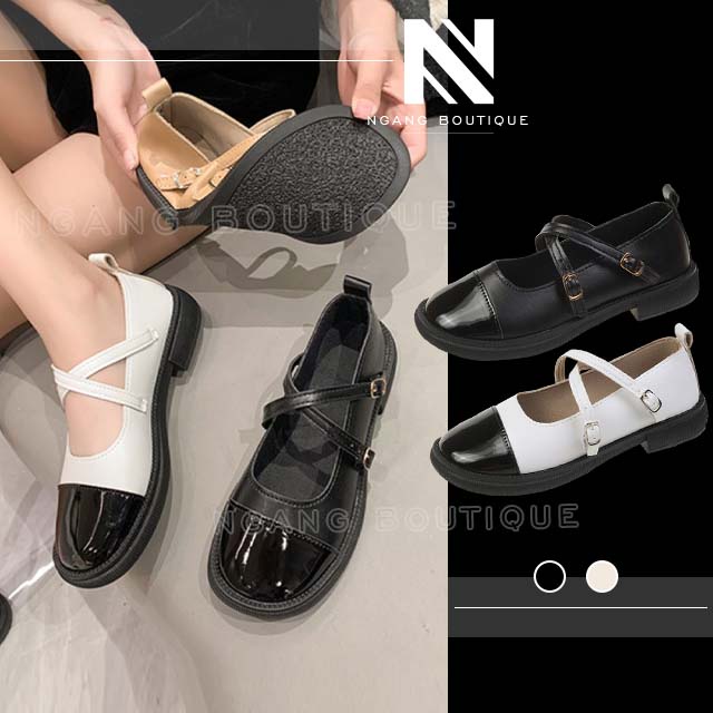 Giày búp bê tiểu thư Mary Jane lolita ulzzang 2 quai cài phối màu cực xinh hàng quảng châu loại 1 da mềm form chuẩn