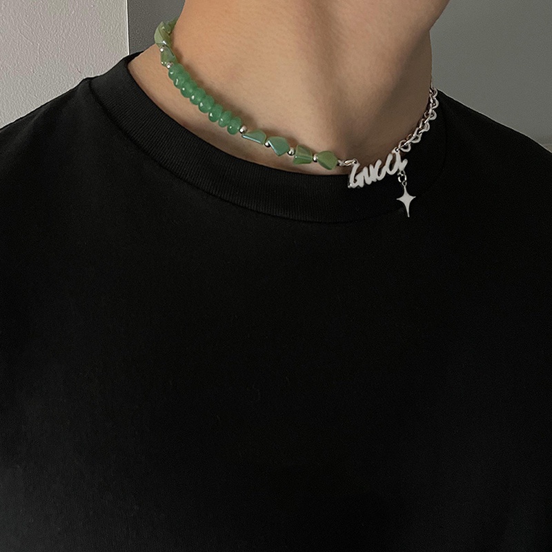 Vòng cổ Thép Titan Đính Đá Ngọc Bích Phong Cách Harajuku Sang Trọng