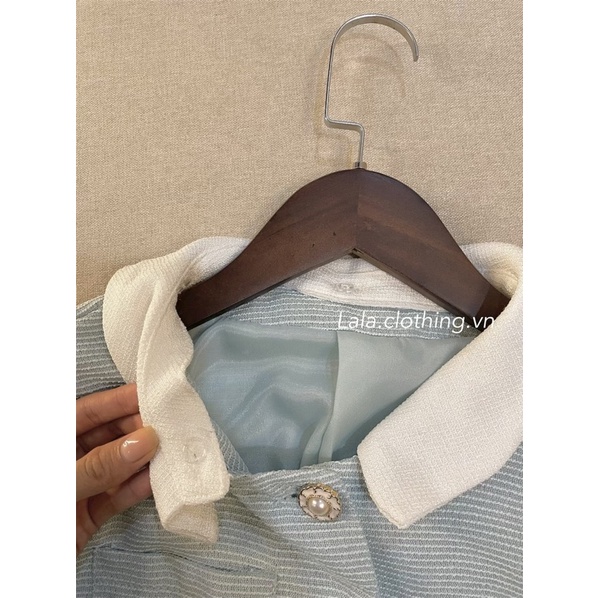 Áo dạ tweed mỏng xanh tay ngắn