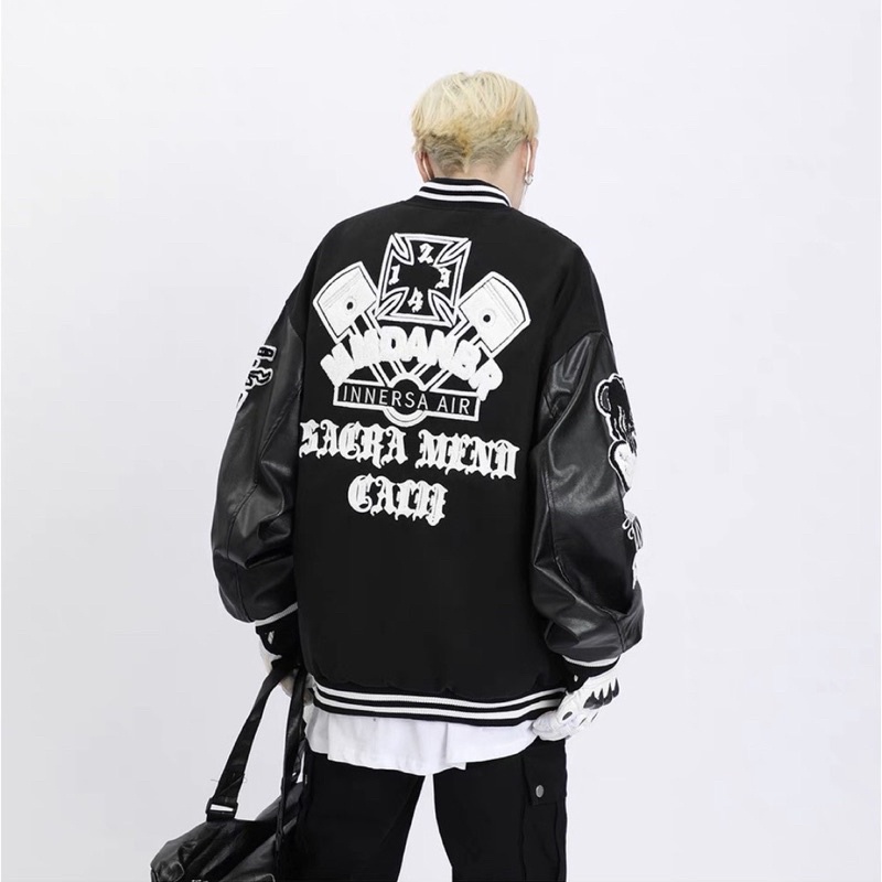 Áo khoác Bomber Varsity Vintage chất dạ 2 lớp phối tay da Pu cao cấp - Yoshop