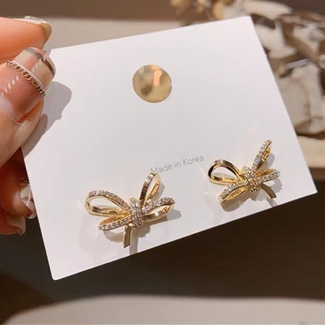 bông tai nơ đinh đá sanh chảnh, khuyên tai đá zircon phong cách hàn quôc