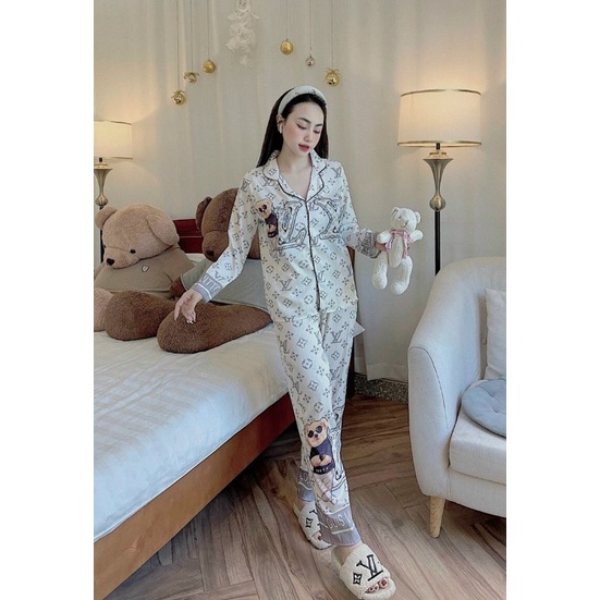 Pijama hàng thiết kế họa tiết LV vải lụa xước Tô Châu cao cấp.Ảnh shop chụp thật ở cuối trang nha khách