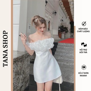 Đầm dự tiệc trễ vai tay bèo đính hạt vải phi phối voan tana d0615