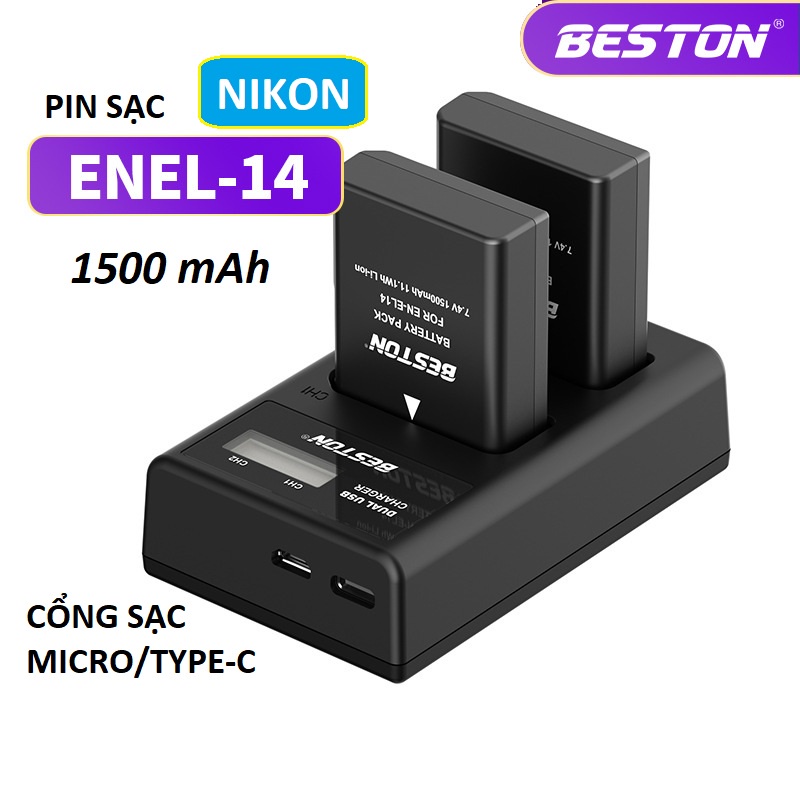 Bộ Pin EN-EL14 1500mAh + Sạc Beston Dùng Cho Máy Ảnh Nikon D3100 D3200 D3300 D3400 D5100 D5200 D5300 D5500 D5600 P7000