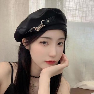 Đen Mũ beret Da Phối Nút Cá Tính Dành Cho Nữ