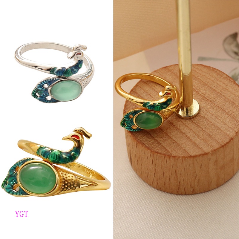 Ygt Nhẫn Hở Hình Chim Công Đính Đá Ngọc Bích Thời Trang Có Thể Điều Chỉnh