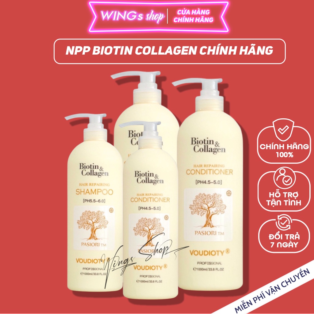 Combo Dầu Gội Xả Biotin Collagen Vàng 500ml-1000ml phục hồi, giúp tóc siêu mềm mượt, Wings Shop