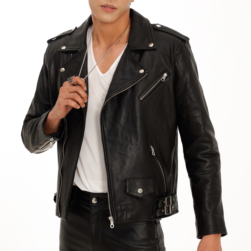 Áo da nam da dê Ftt Leather Biker Jacket suông phối đai hông màu đen