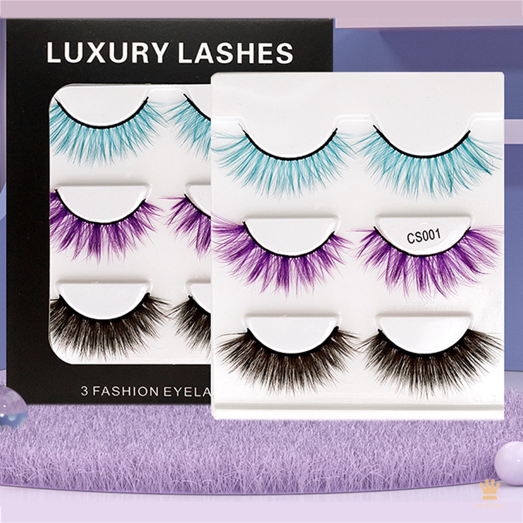 Set 3 Cặp Lông Mi Giả 3D Nhiều Màu Sắc Dày Và Cong Tông Tím Xám Xanh Dương