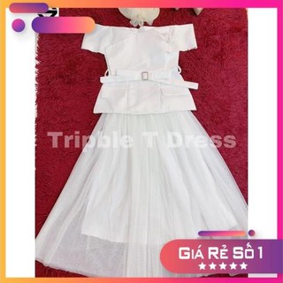 Sét đầm xoè dự tiệc bẹt vai + CV 3 lớp + nịt eo và hoa cài - size S/M/L - MS241Y