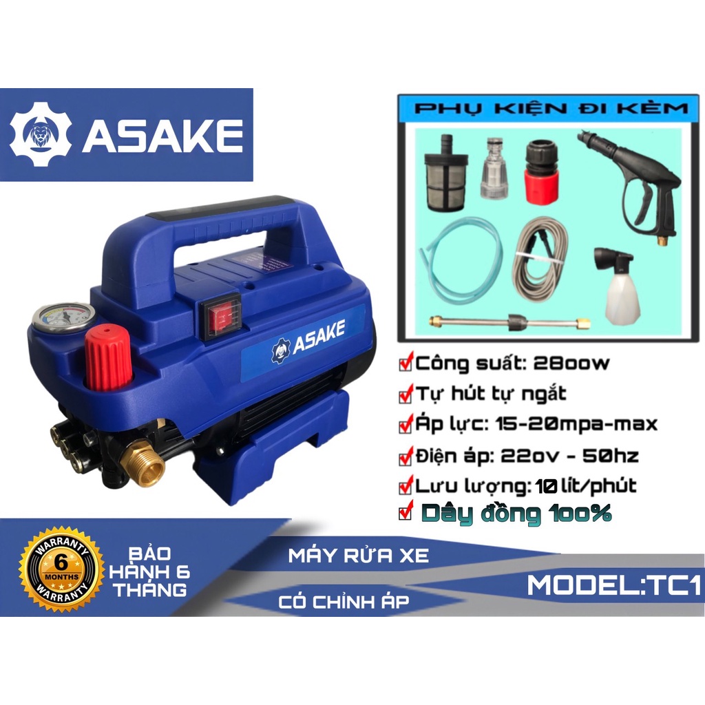 Máy rửa xe xịt khỏe I Máy rửa xe công xuất cao ASAKE TC1 - 2800W - Chỉnh Áp - Có áp chống giật - Chống cháy