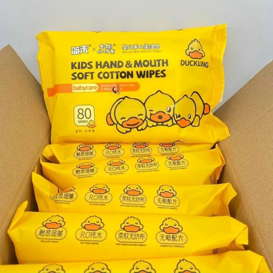 HỘP GIẤY 10 GÓI KHĂN ƯỚT VỊT VÀNG KHÔNG MÙI, GIẤY ƯỚT AN TOÀN CHO BÉ