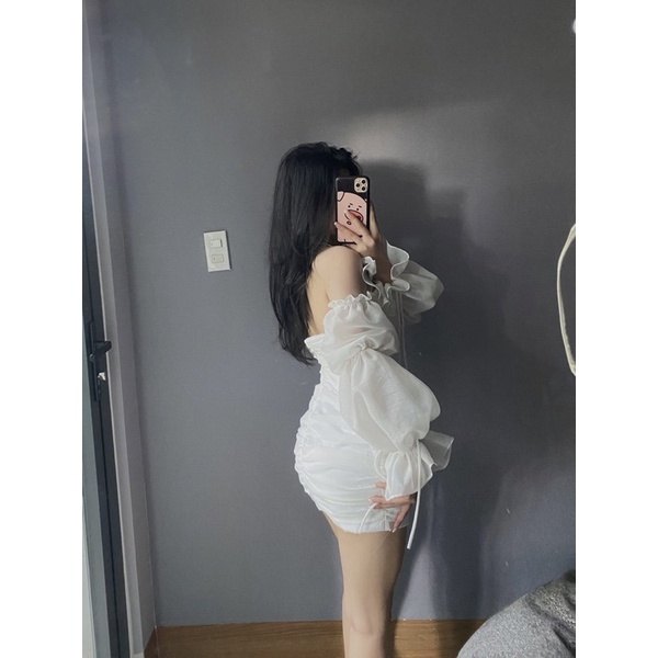 Mell02 dress - Váy tơ xước trắng nhún Onmellem