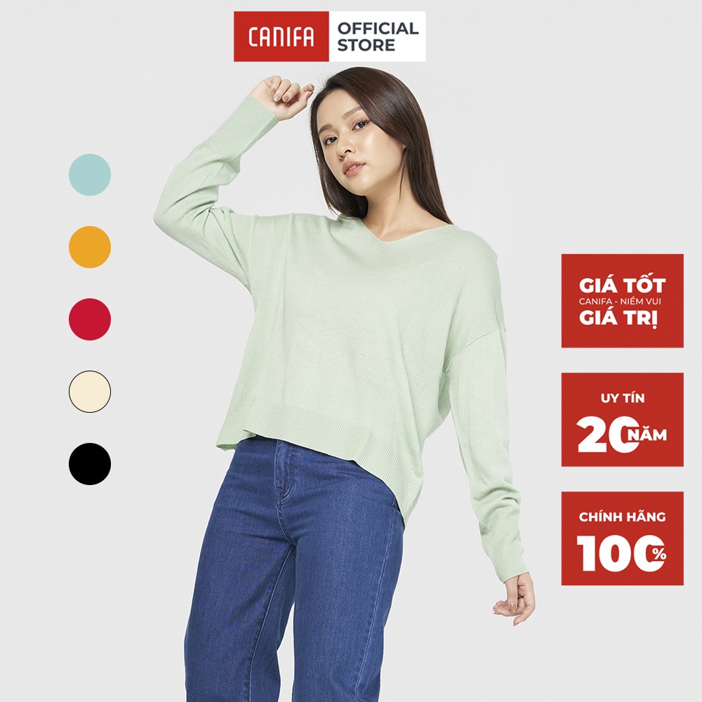 Áo len nữ CANIFA mỏng cổ tim dài tay form rộng trơn đỏ trắng vàng xanh đen thời trang hàn quốc 6TE20W027