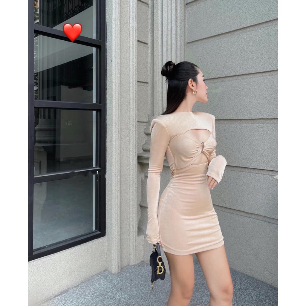 Đầm body nữ cổ tròn chất thun gân dáng ngắn kiểu trơn tay dài 2 khoen xinh xắn