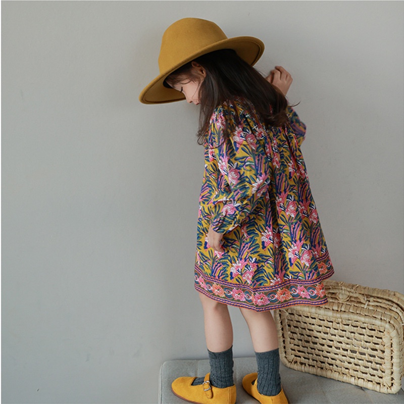 Đầm hoa cho bé gái 2-10 tuổi, tay phồng - Váy cho bé gái mùa thu đông