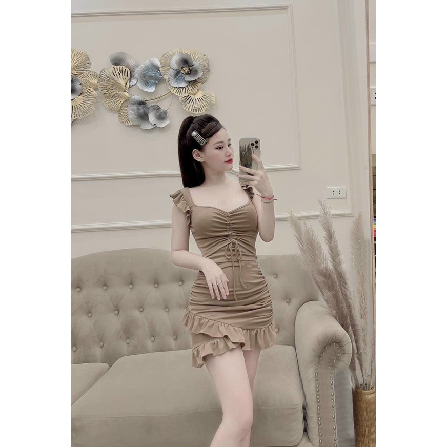 Đầm Body đuôi cá nhún eo tay cánh tiên vai bèo phối dây rút ngực chất thun Borip