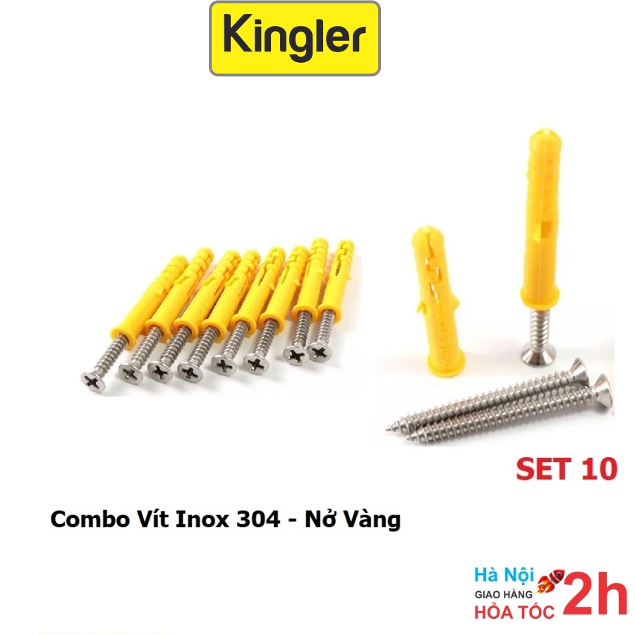 10 Vít Inox + Nở Nhựa - Kingler, màu Vàng 6 - 8mm Kèm Vít Inox 304 - Hàng Tốt, Đóng Tường Chắc Chắn, Chống Gỉ - 5080