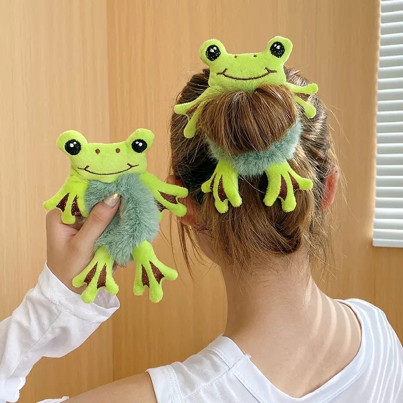 Dây Cột Tóc Co Giãn Hình Chú Ếch / Gấu Hoạt Hình Nhồi Bông Dễ Thương Cho Bé Gái