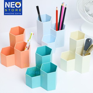 Ống đựng bút giá rẻ Hình Lục Giác 3 ngăn đa năng bằng nhựa - Đơn Giản, Tinh Tế cho bàn làm việc