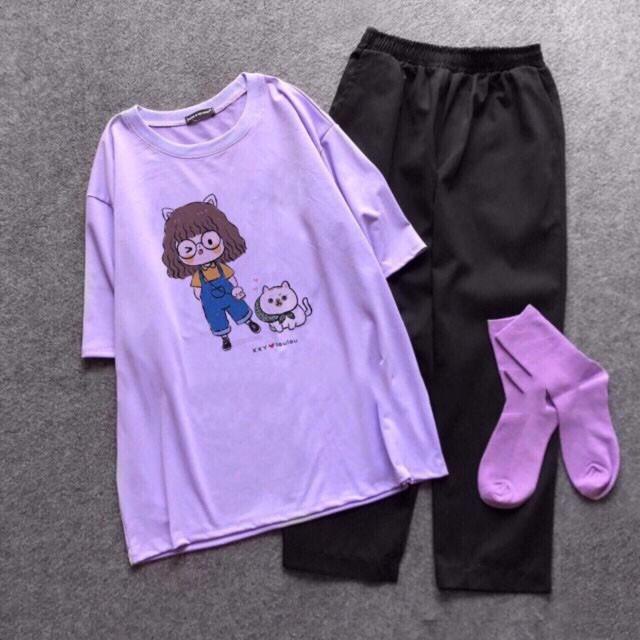 Set Bộ Đồ Quần Áo Nữ , Mặc Ở Nhà Mùa Hè, Áo Thun Phông Tím Cotton Organic In Em Bé Mèo Kèm Quần Jogger Kaki
