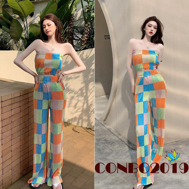 Set Đồ 2 Món Gồm Áo Không Tay Họa Tiết Kẻ Sọc Nhiều Màu + Quần Ống Rộng Lưng Cao Co Giãn Cho Nữ