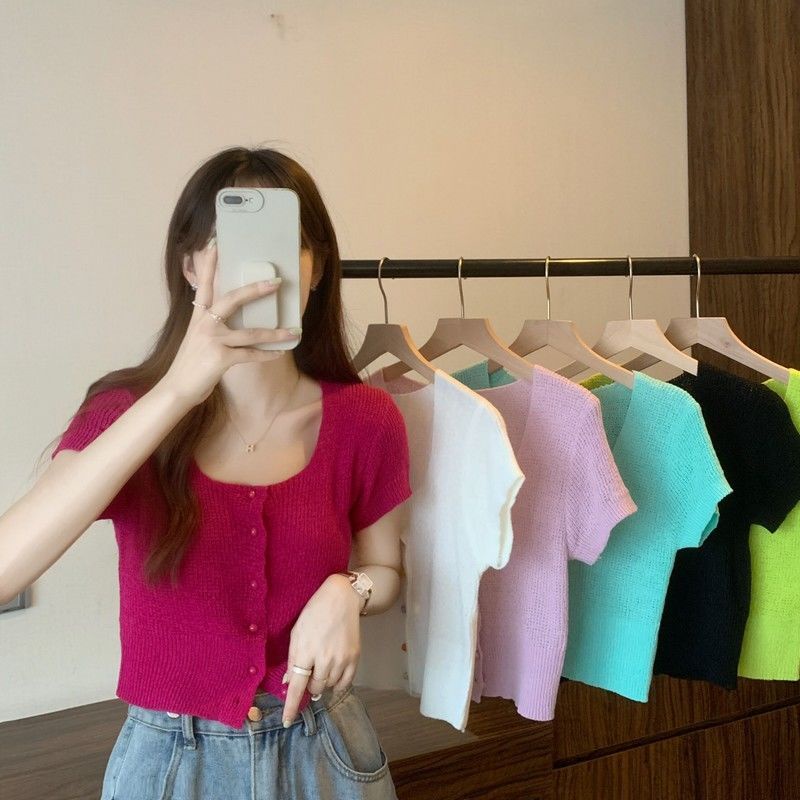 Áo Dệt Kim Tay Ngắn Dáng Ôm Thời Trang Mùa Hè Xinh Xắn Cho Nữ