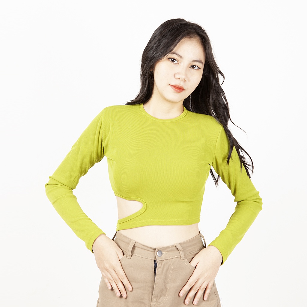 Áo thun croptop nữ tay dài ôm khoét eo vải cotton mềm mịn siêu tôn dáng