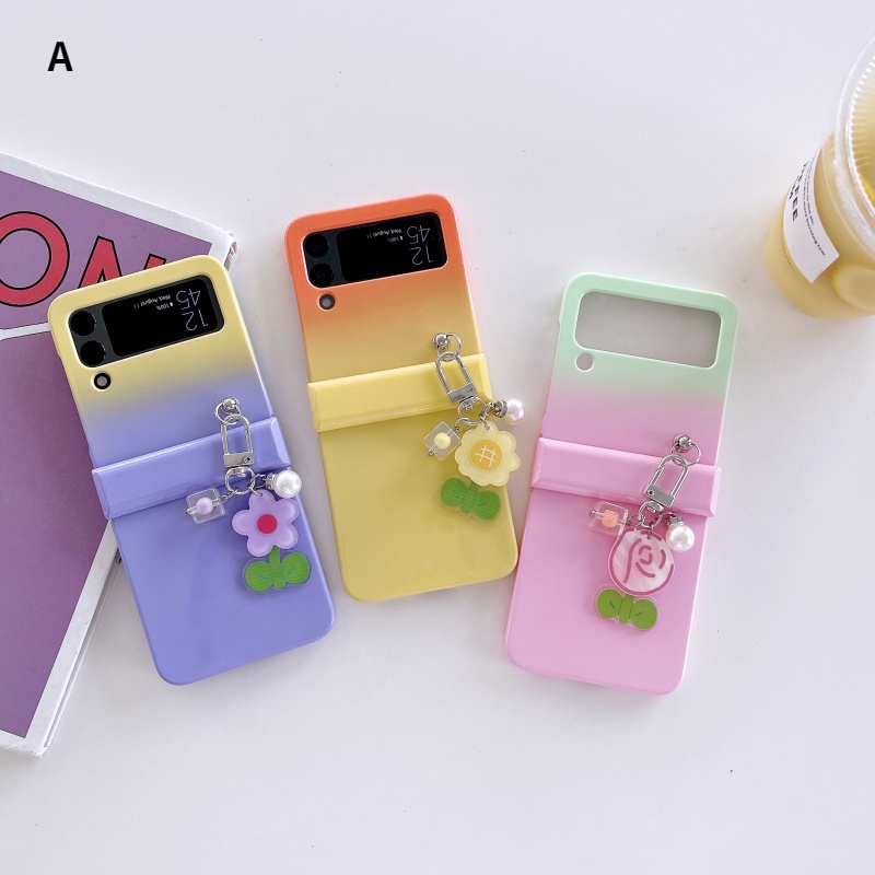 Ốp Điện Thoại Cứng Chống Va Đập Màu Gradient Bóng Có Mặt Dây Hình Gấu Và Hoa Cho Samsung Galaxy Z Flip 3 Z Flip 4