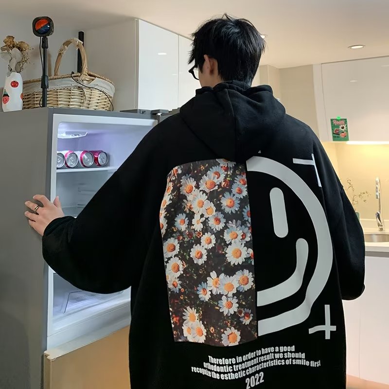 Áo Hoodie Tay Dài Dáng Rộng In Họa Tiết Hoa Cúc Mặt Cười Phong Cách Hip hop Thời Trang Cho Nam Size M-3XL