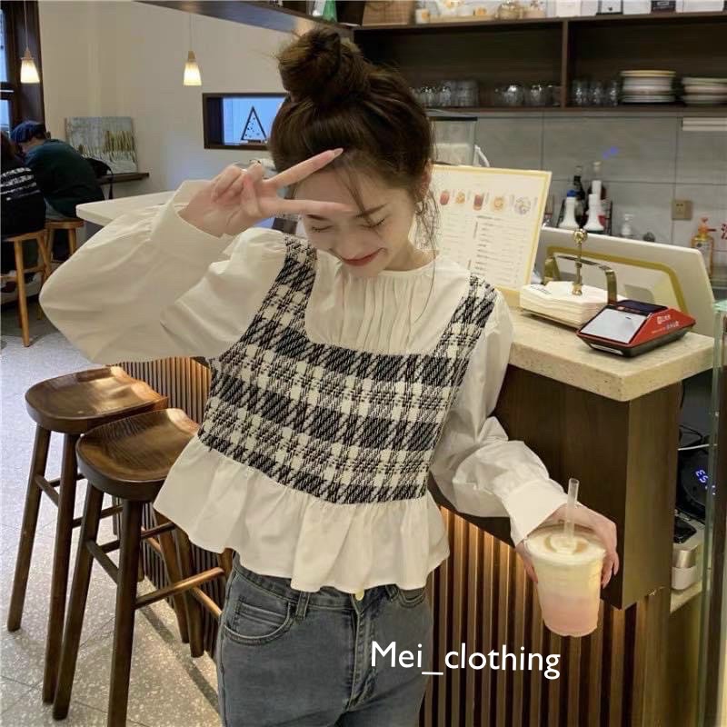 Áo Sơmi Kiểu Nữ Bánh Bèo Phối Hoạ Tiết Caro Ulzzang A78