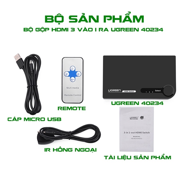 Bộ gộp HDMI 3 vào 1 ra Chính hãng Ugreen 40234 cao cấp - Hàng chính hãng