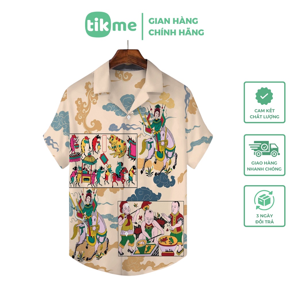 Áo Sơ Mi Hawaii TIKME Tay Ngắn Unisex Size XS-2XL Chất Polyester Mềm Mát Họa Tiết Việt Nam Style