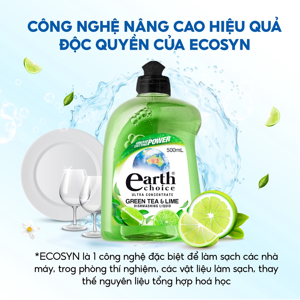Nước Rửa Chén Đậm Đặc EARTH CHOICE Khử Mùi Tanh Giúp Ly Chén Dĩa Sạch Sáng Bóng Hương Chanh Trà Xanh Dung Tích 500ML