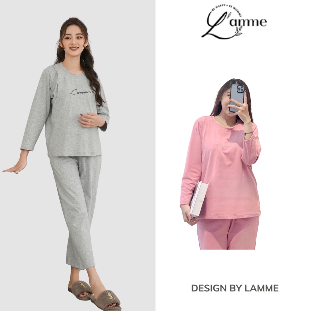 Bộ bầu mặc nhà B01 chất cotton mềm mại dáng dài tay có chỗ cho con bú và chun rút điều chỉnh bụng by LAMME