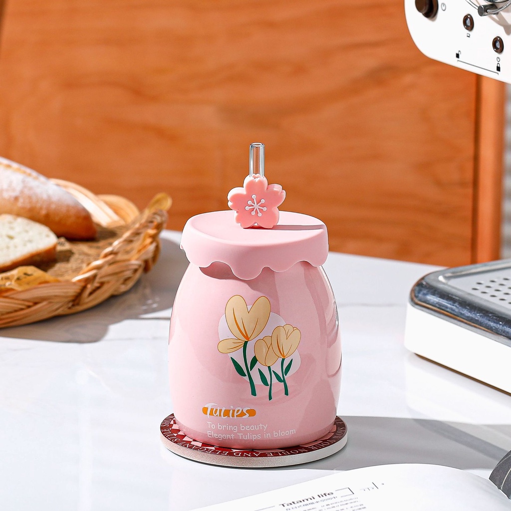 Cốc Uống Nước Bằng Sứ Hình Hoa Tulip Kèm Ống Hút Xinh Xắn Ly Uống Nước Bằng Sứ Họa Tiết Hoa Tulip Dễ Thương Xinh Xắn