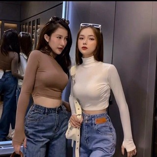 Áo thun zip gân cổ lọ- cổ 3 phân tay dài croptop- hình thật shop chụp