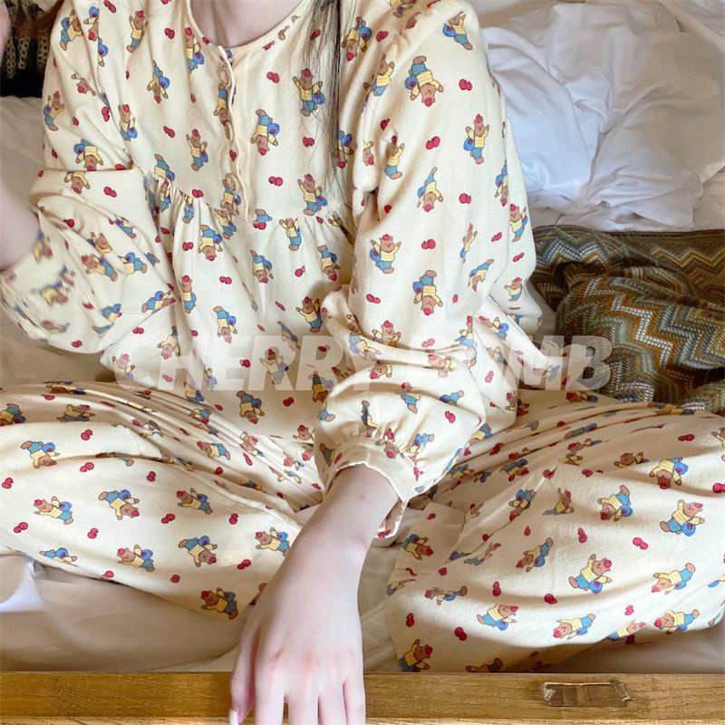 Bộ Đồ Ngủ Tay Dài In Hình Gấu Hoạt Hình Phong Cách Hàn Quốc Dành Cho Nữ